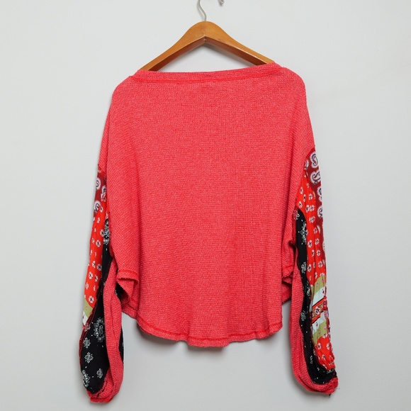 FREE PEOPLE we the free waffle knit red balloon sleeve top size XS - Picture 2 of 5